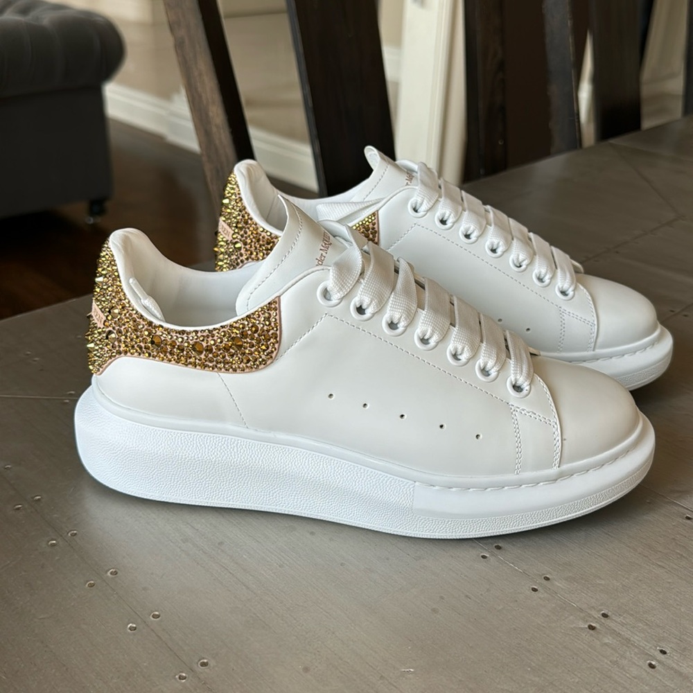 Alexander McQueen classic white gold crystal sneakers platform trainers flat 39